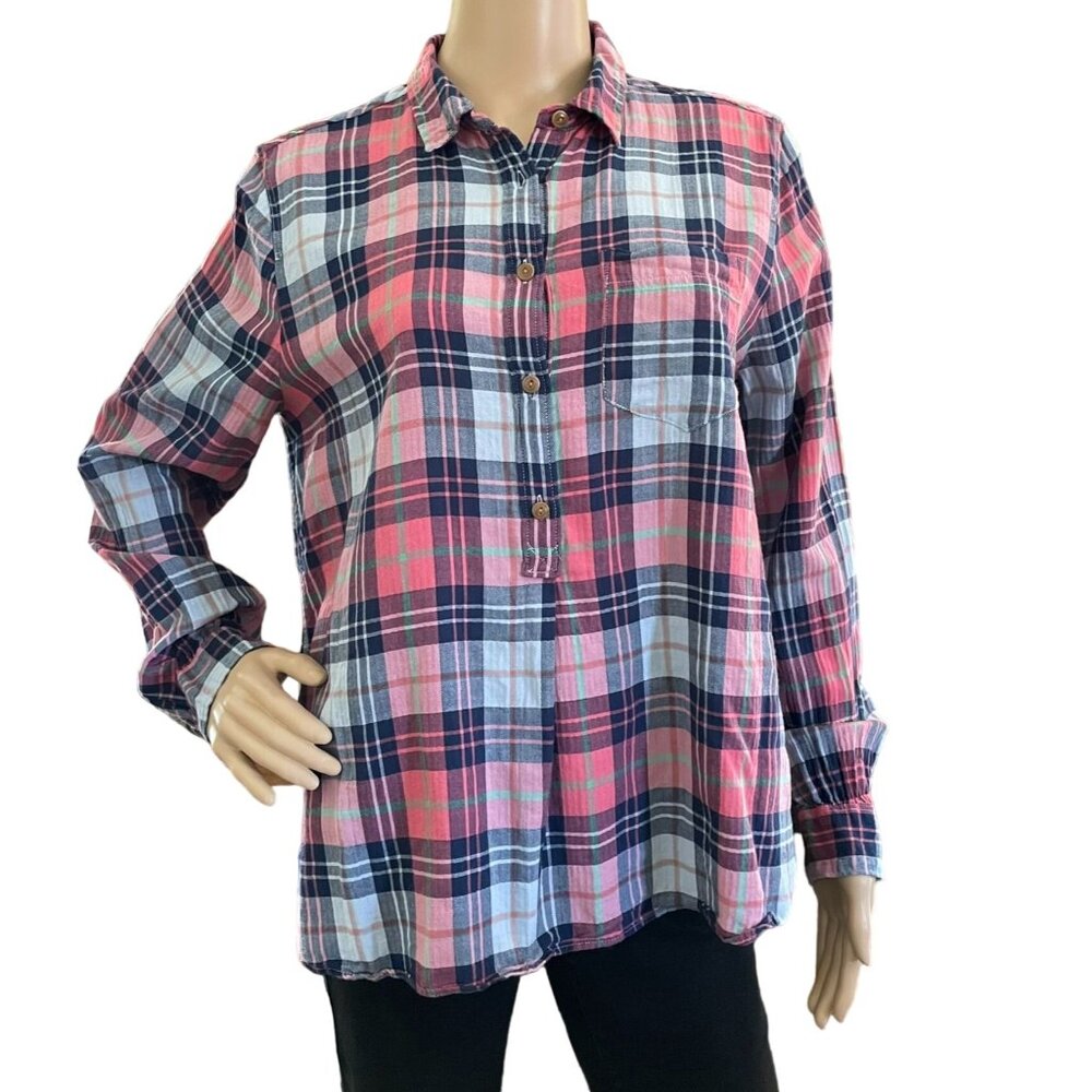 J Crew Womens sz M Plaid Cotton Blend Shirt 5 Button Pullover Top Casual Blouse